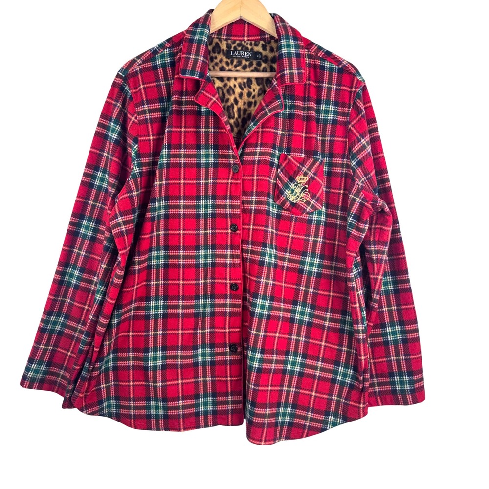 Lauren Ralph Lauren Pajama Top sz 1X Red Plaid Fleece Leopard embroidered